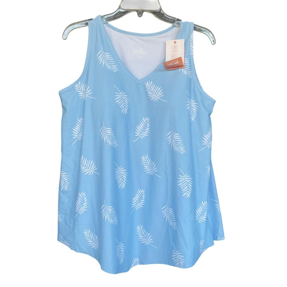 UV Skinz Tank Top Womens XL Blue UPF 50+ Sunwear V-Neck Lined Palm‎ Print
